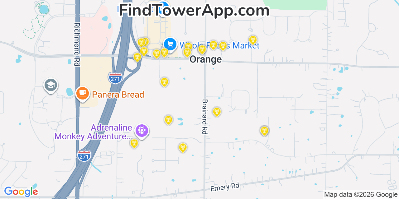 Map showing the 20 primary cell tower locations detected in Orange, Ohio from AT&T, Verizon, and T-Mobile networks