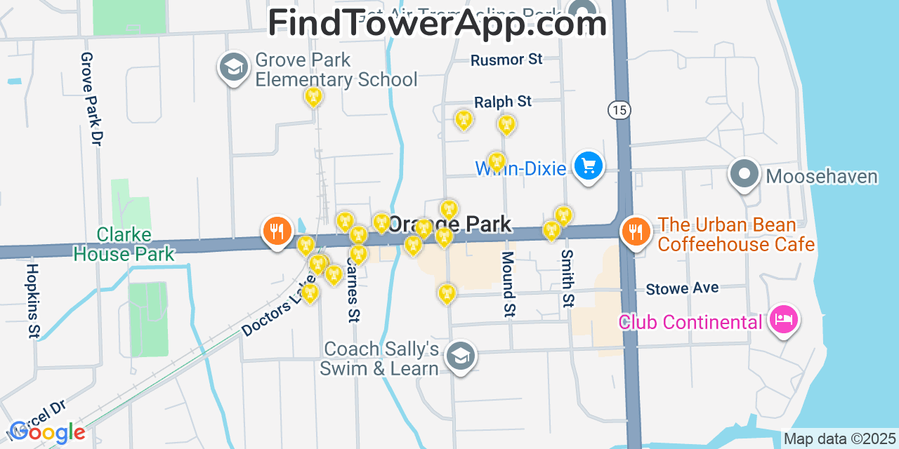 Map showing the 20 primary cell tower locations detected in Orange Park, Florida from AT&T, Verizon, and T-Mobile networks