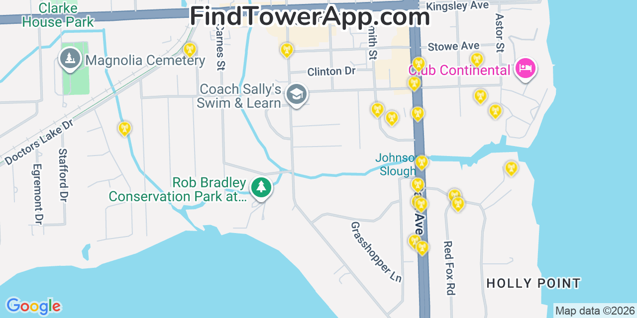 Map showing the 20 primary cell tower locations detected in Orange Park, Florida from AT&T, Verizon, and T-Mobile networks