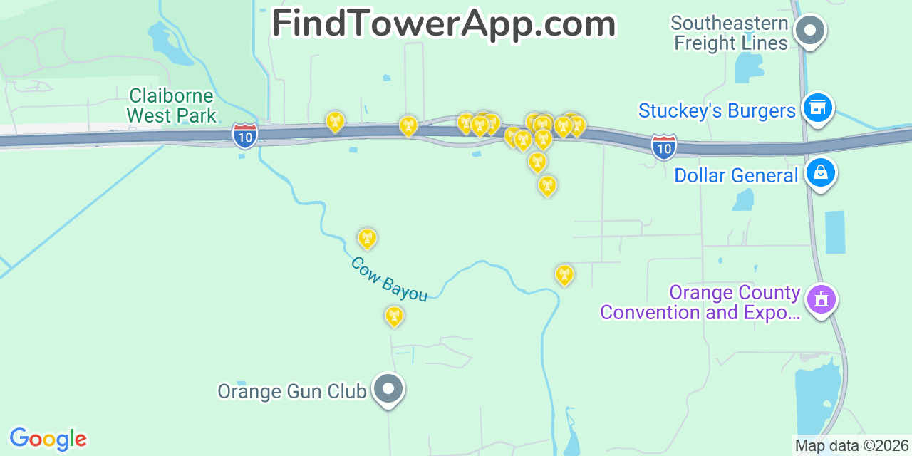 Map showing the 20 primary cell tower locations detected in Orange, Texas from AT&T, Verizon, and T-Mobile networks