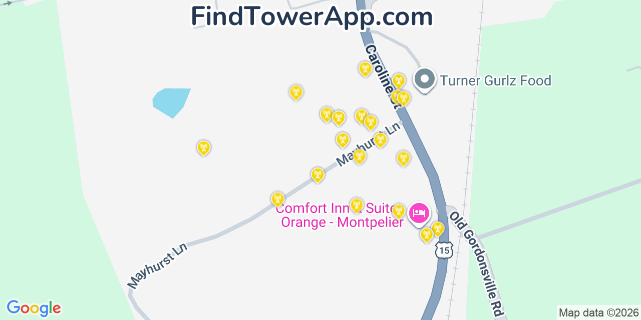 Map showing the 20 primary cell tower locations detected in Orange, Virginia from AT&T, Verizon, and T-Mobile networks
