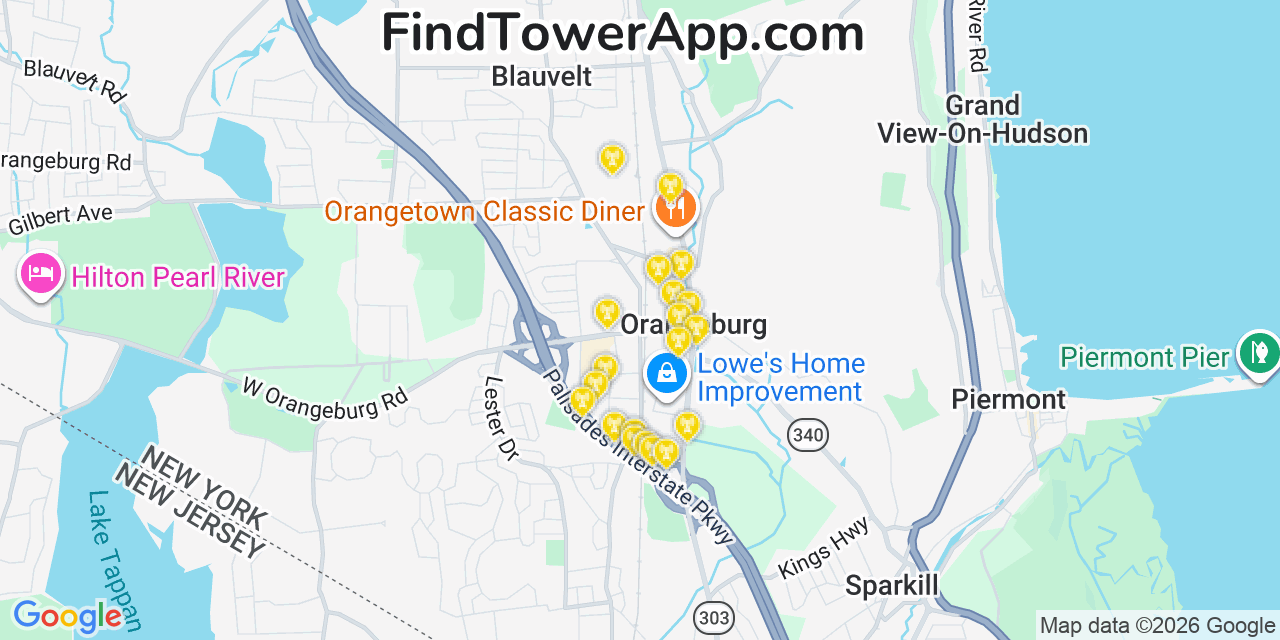 Map showing the 20 primary cell tower locations detected in Orangeburg, New York from AT&T, Verizon, and T-Mobile networks