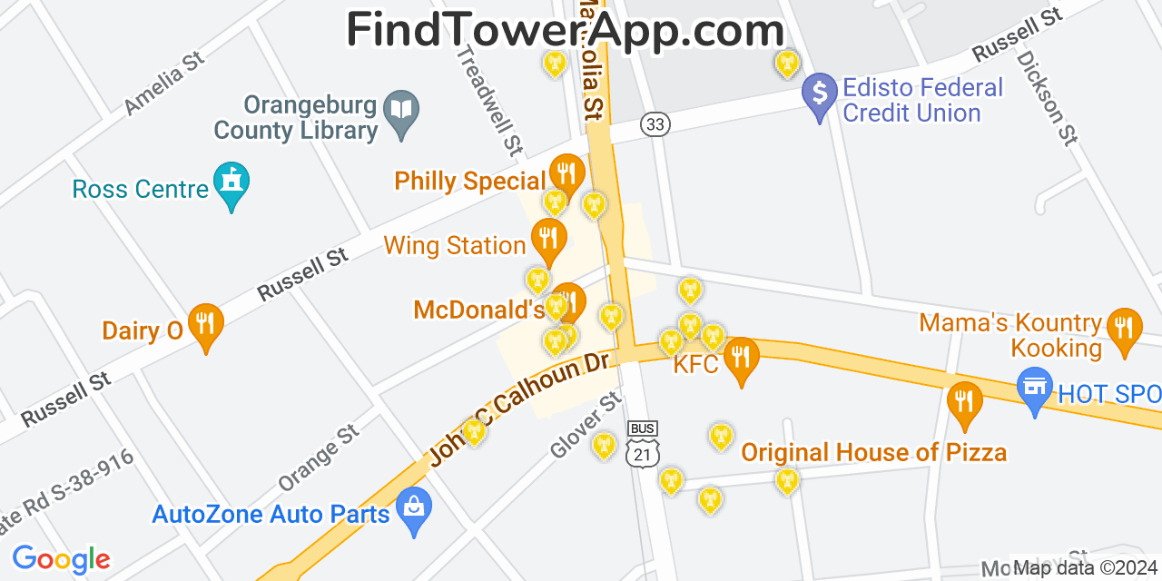 AT&T 4G/5G cell tower coverage map Orangeburg, South Carolina