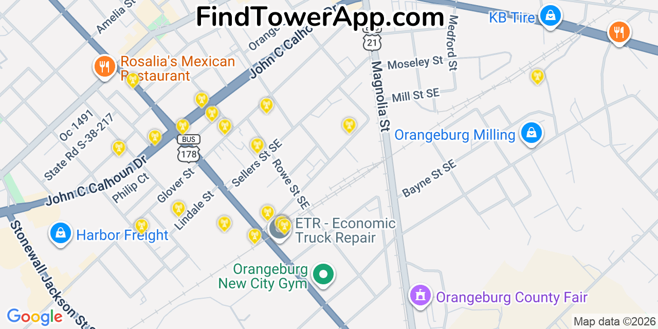 Map showing the 20 primary cell tower locations detected in Orangeburg, South Carolina from AT&T, Verizon, and T-Mobile networks