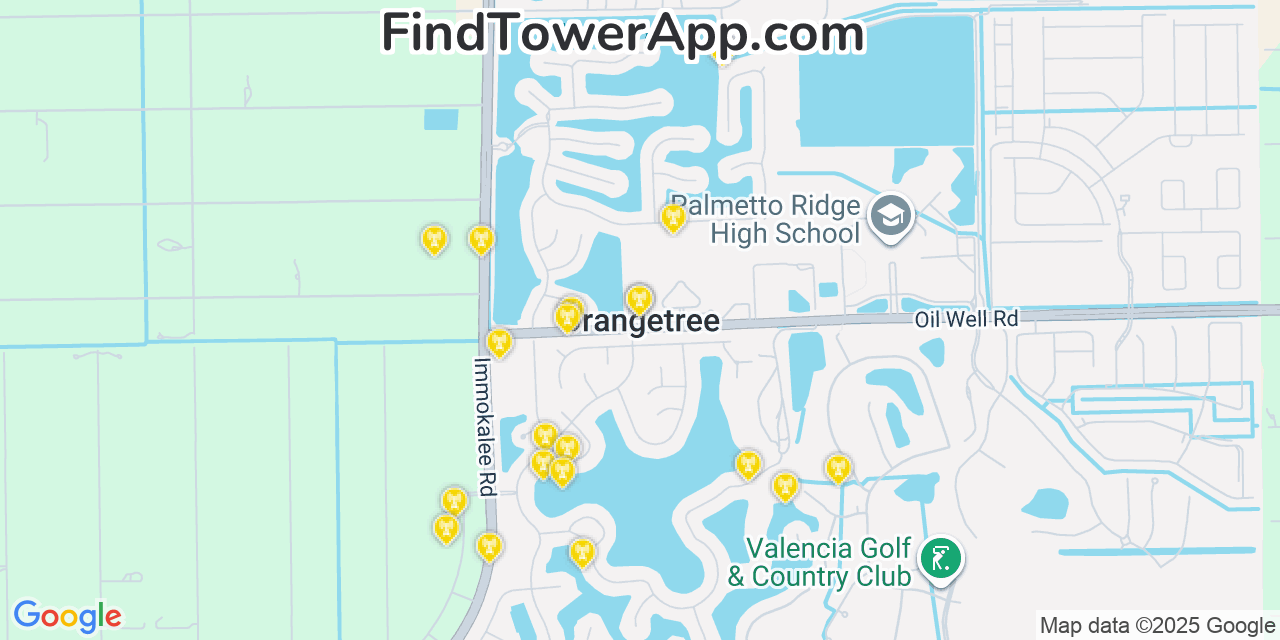 Map showing the 20 primary cell tower locations detected in Orangetree, Florida from AT&T, Verizon, and T-Mobile networks
