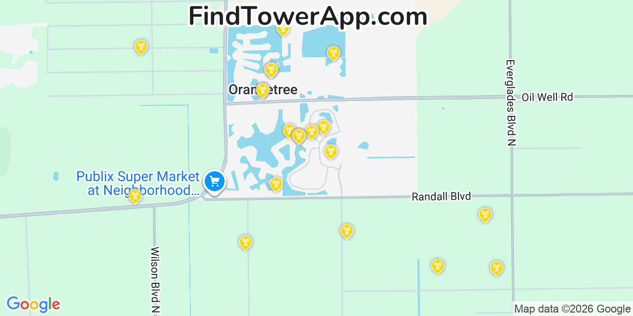 Map showing the 20 primary cell tower locations detected in Orangetree, Florida from AT&T, Verizon, and T-Mobile networks