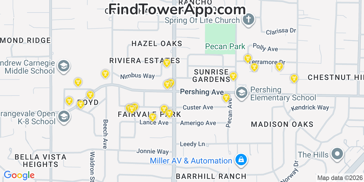 Map showing the 20 primary cell tower locations detected in Orangevale, California from AT&T, Verizon, and T-Mobile networks