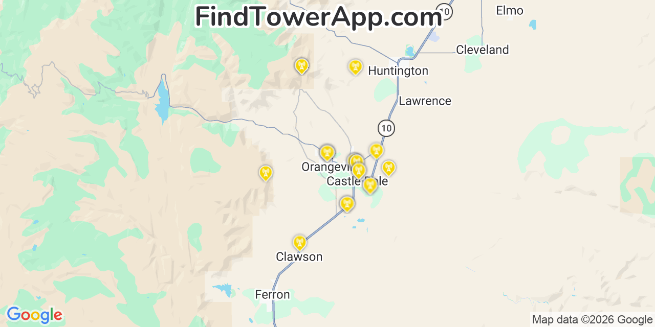 Map showing the 20 primary cell tower locations detected in Orangeville, Utah from AT&T, Verizon, and T-Mobile networks