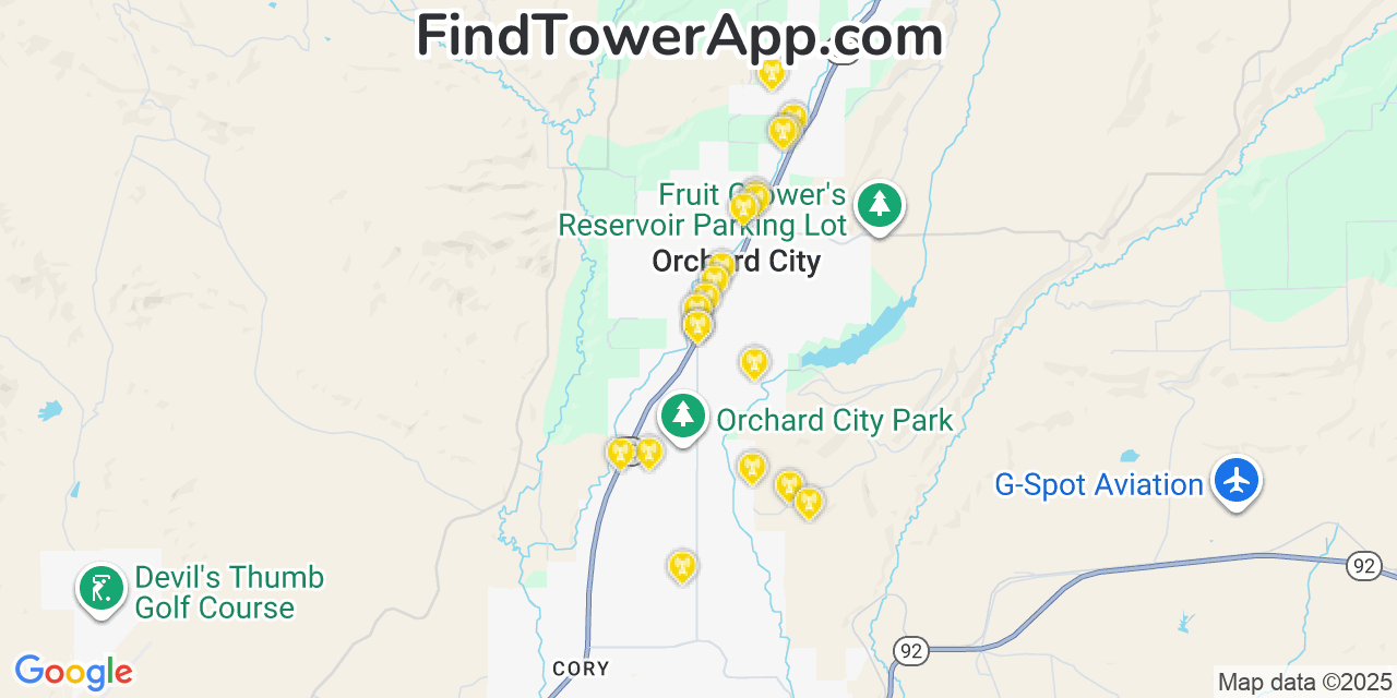 Map showing the 20 primary cell tower locations detected in Orchard City, Colorado from AT&T, Verizon, and T-Mobile networks