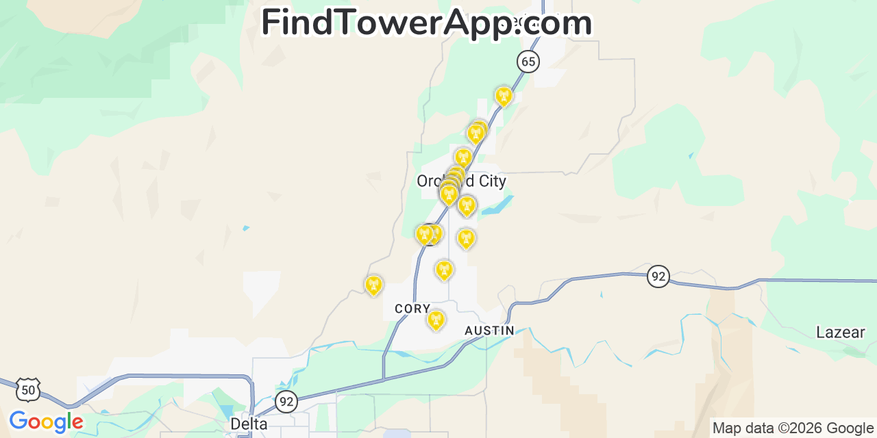 Map showing the 20 primary cell tower locations detected in Orchard City, Colorado from AT&T, Verizon, and T-Mobile networks
