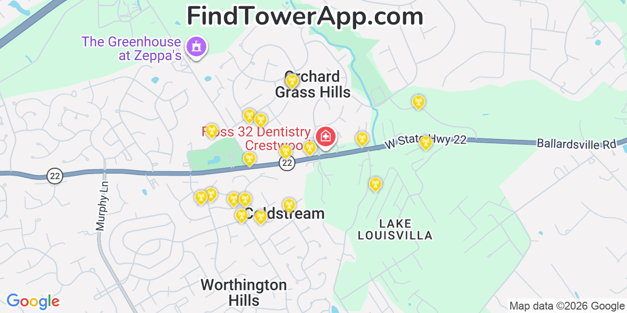 Map showing the 20 primary cell tower locations detected in Orchard Grass Hills, Kentucky from AT&T, Verizon, and T-Mobile networks