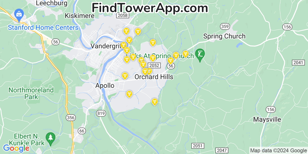 AT&T 4G/5G cell tower coverage map Orchard Hills, Pennsylvania