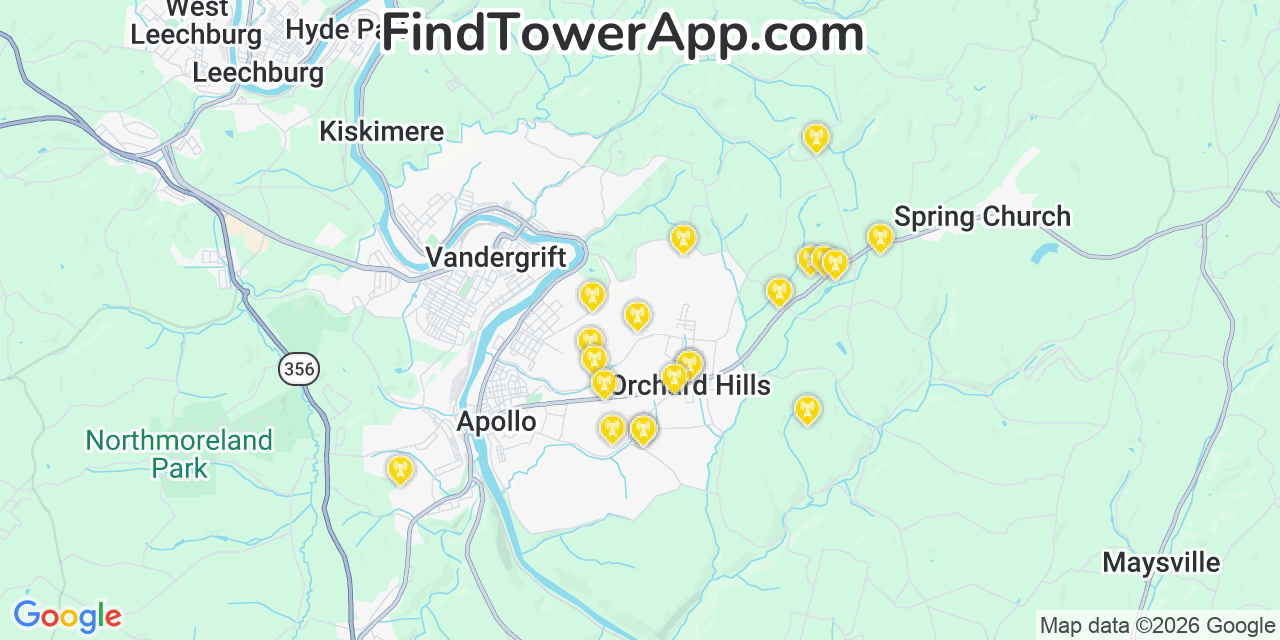 Map showing the 20 primary cell tower locations detected in Orchard Hills, Pennsylvania from AT&T, Verizon, and T-Mobile networks