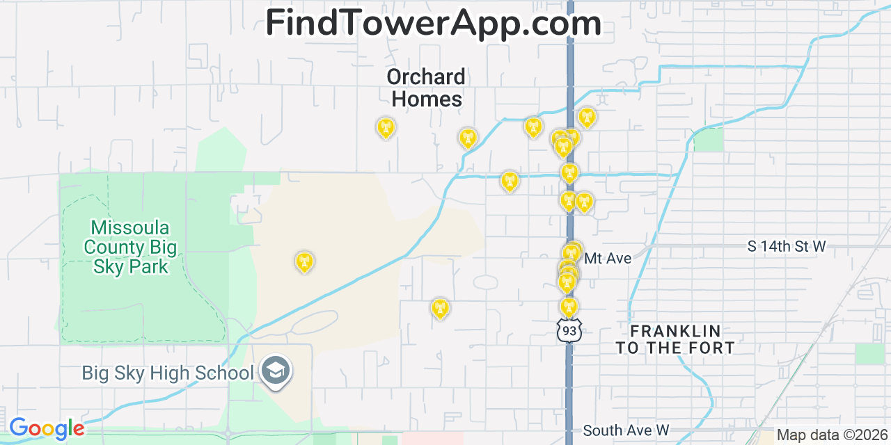 Map showing the 20 primary cell tower locations detected in Orchard Homes, Montana from AT&T, Verizon, and T-Mobile networks