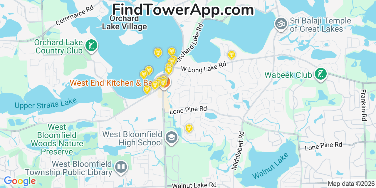 Map showing the 20 primary cell tower locations detected in Orchard Lake, Michigan from AT&T, Verizon, and T-Mobile networks