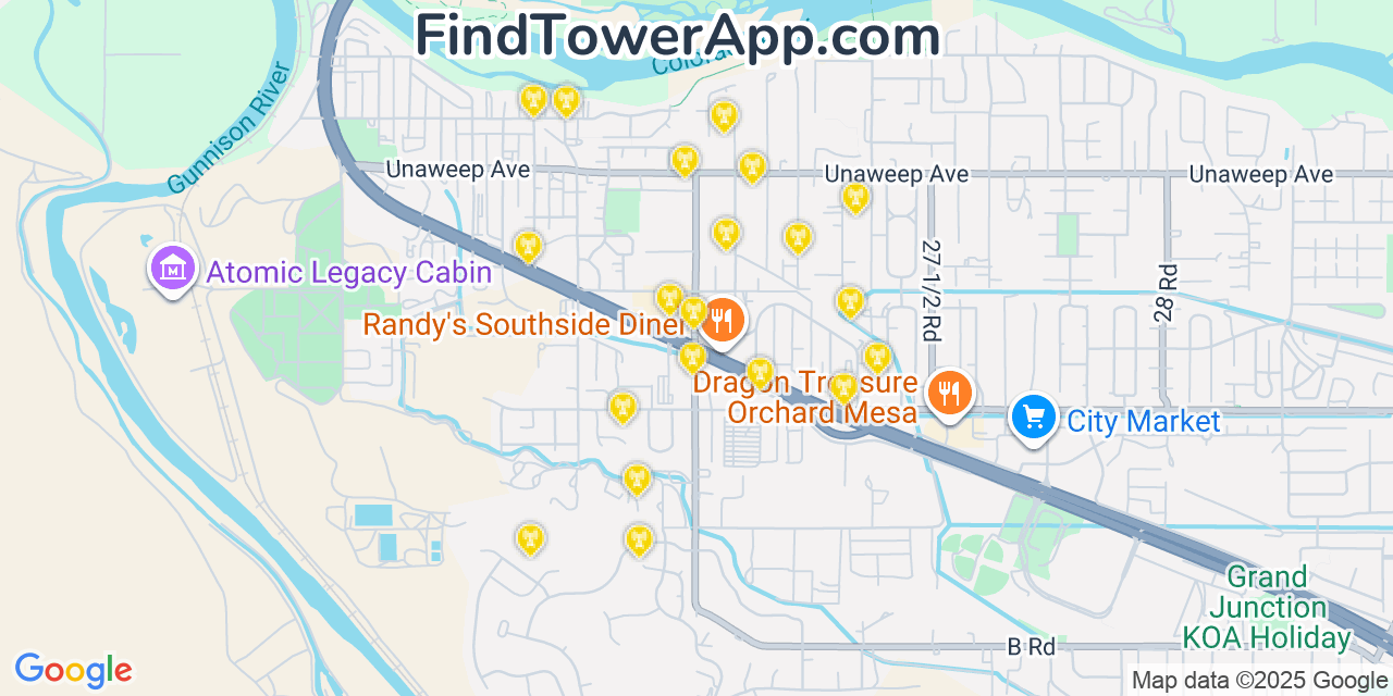 Map showing the 20 primary cell tower locations detected in Orchard Mesa, Colorado from AT&T, Verizon, and T-Mobile networks