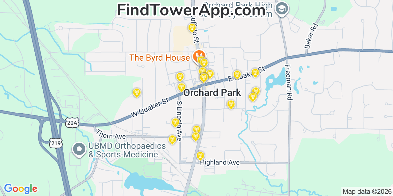 Map showing the 20 primary cell tower locations detected in Orchard Park, New York from AT&T, Verizon, and T-Mobile networks