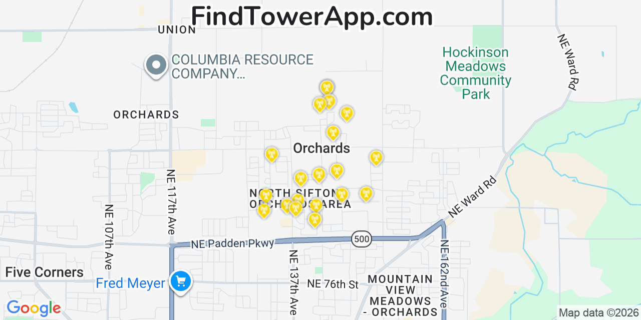 Map showing the 20 primary cell tower locations detected in Orchards, Washington from AT&T, Verizon, and T-Mobile networks