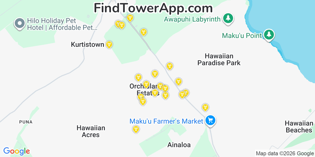 Map showing the 20 primary cell tower locations detected in Orchidlands Estates, Hawaii from AT&T, Verizon, and T-Mobile networks