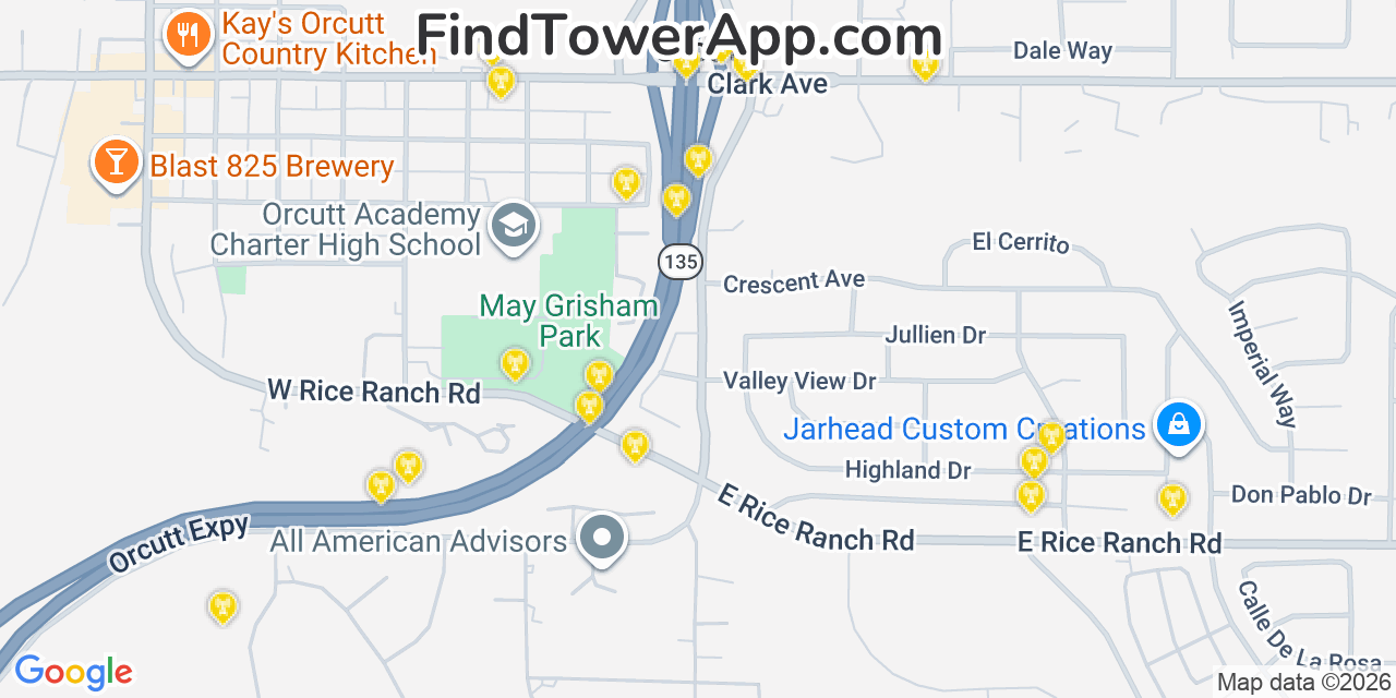 Map showing the 20 primary cell tower locations detected in Orcutt, California from AT&T, Verizon, and T-Mobile networks