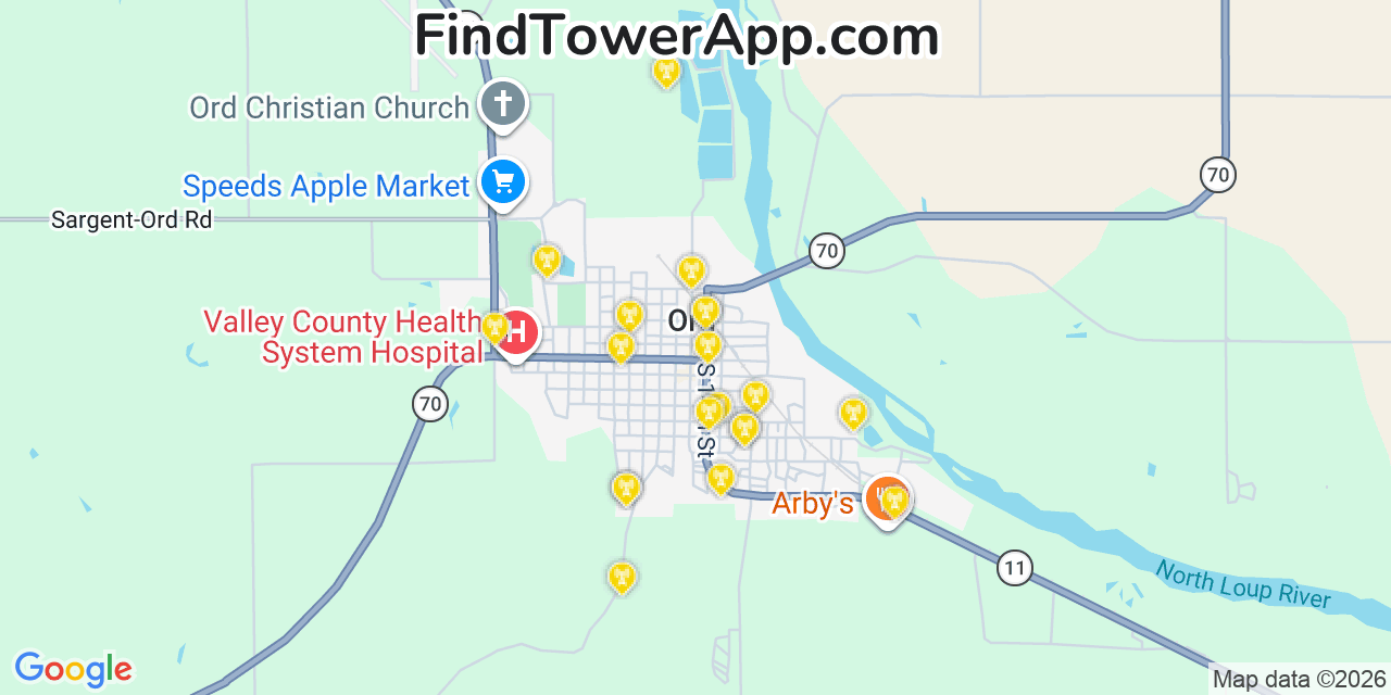Map showing the 20 primary cell tower locations detected in Ord, Nebraska from AT&T, Verizon, and T-Mobile networks