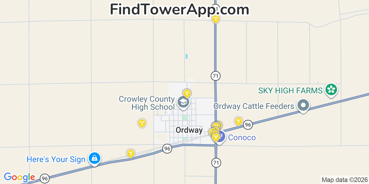 Map showing the 20 primary cell tower locations detected in Ordway, Colorado from AT&T, Verizon, and T-Mobile networks