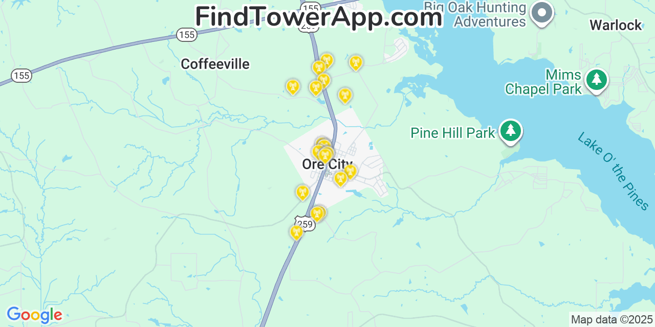 Map showing the 20 primary cell tower locations detected in Ore City, Texas from AT&T, Verizon, and T-Mobile networks