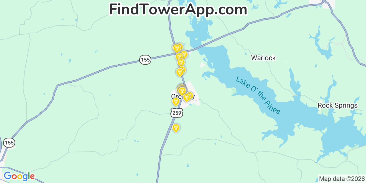Map showing the 20 primary cell tower locations detected in Ore City, Texas from AT&T, Verizon, and T-Mobile networks