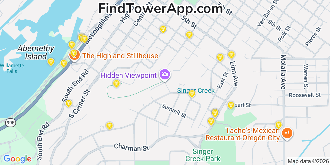 Map showing the 20 primary cell tower locations detected in Oregon City, Oregon from AT&T, Verizon, and T-Mobile networks