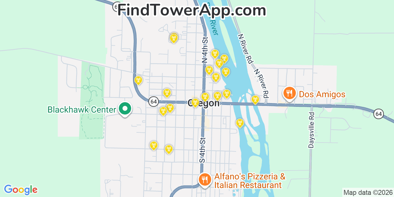 Map showing the 20 primary cell tower locations detected in Oregon, Illinois from AT&T, Verizon, and T-Mobile networks