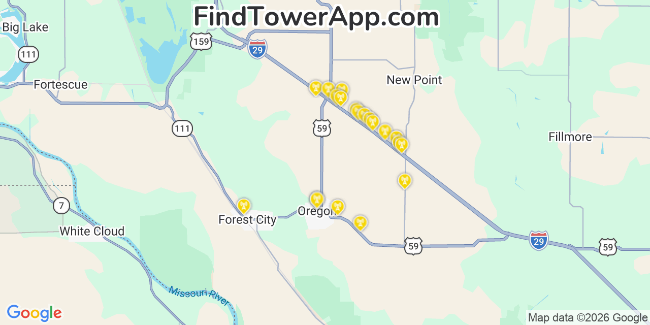 Map showing the 20 primary cell tower locations detected in Oregon, Missouri from AT&T, Verizon, and T-Mobile networks