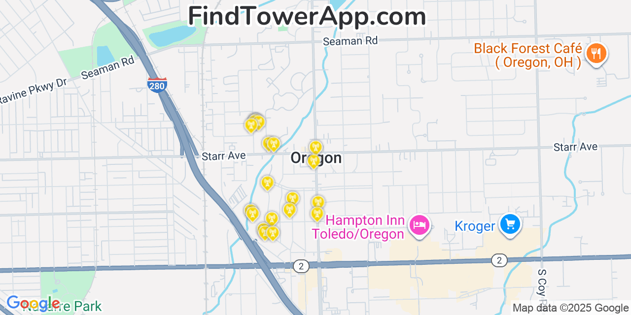 Map showing the 20 primary cell tower locations detected in Oregon, Ohio from AT&T, Verizon, and T-Mobile networks