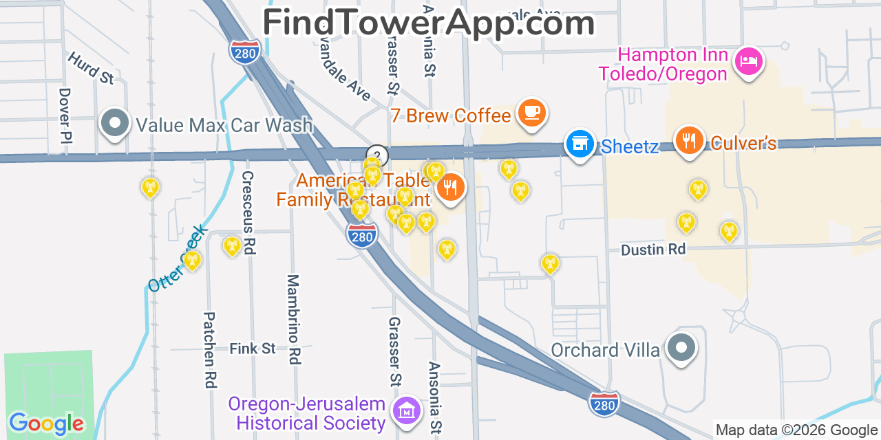 Map showing the 20 primary cell tower locations detected in Oregon, Ohio from AT&T, Verizon, and T-Mobile networks