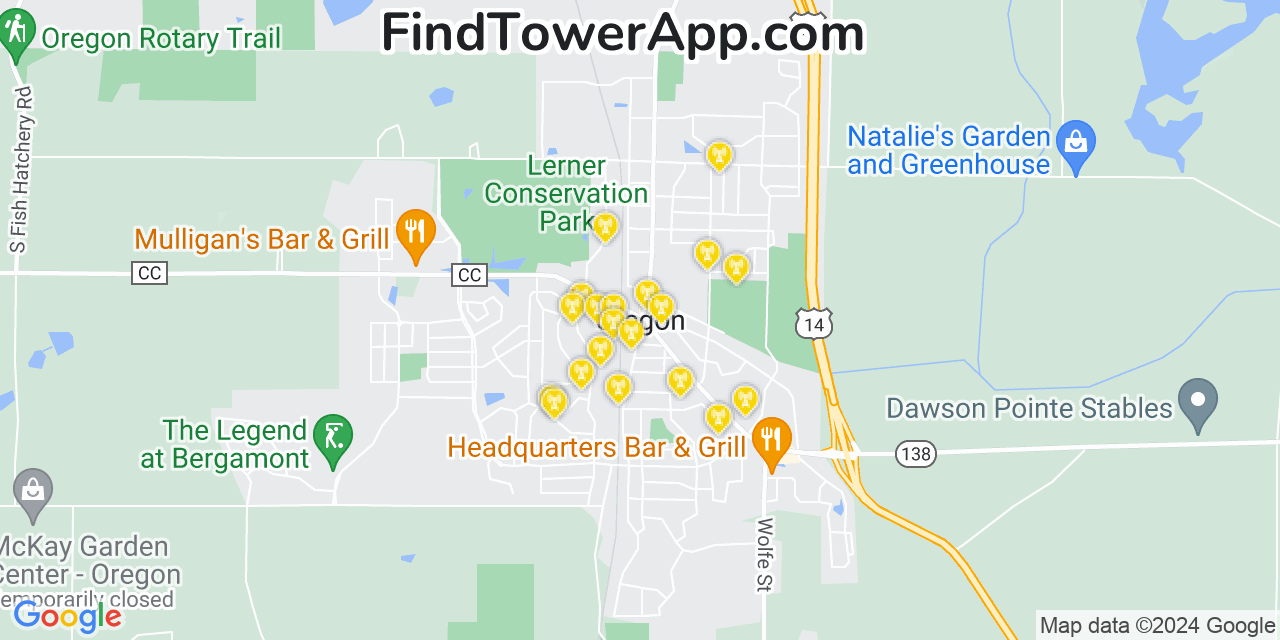 AT&T 4G/5G cell tower coverage map Oregon, Wisconsin