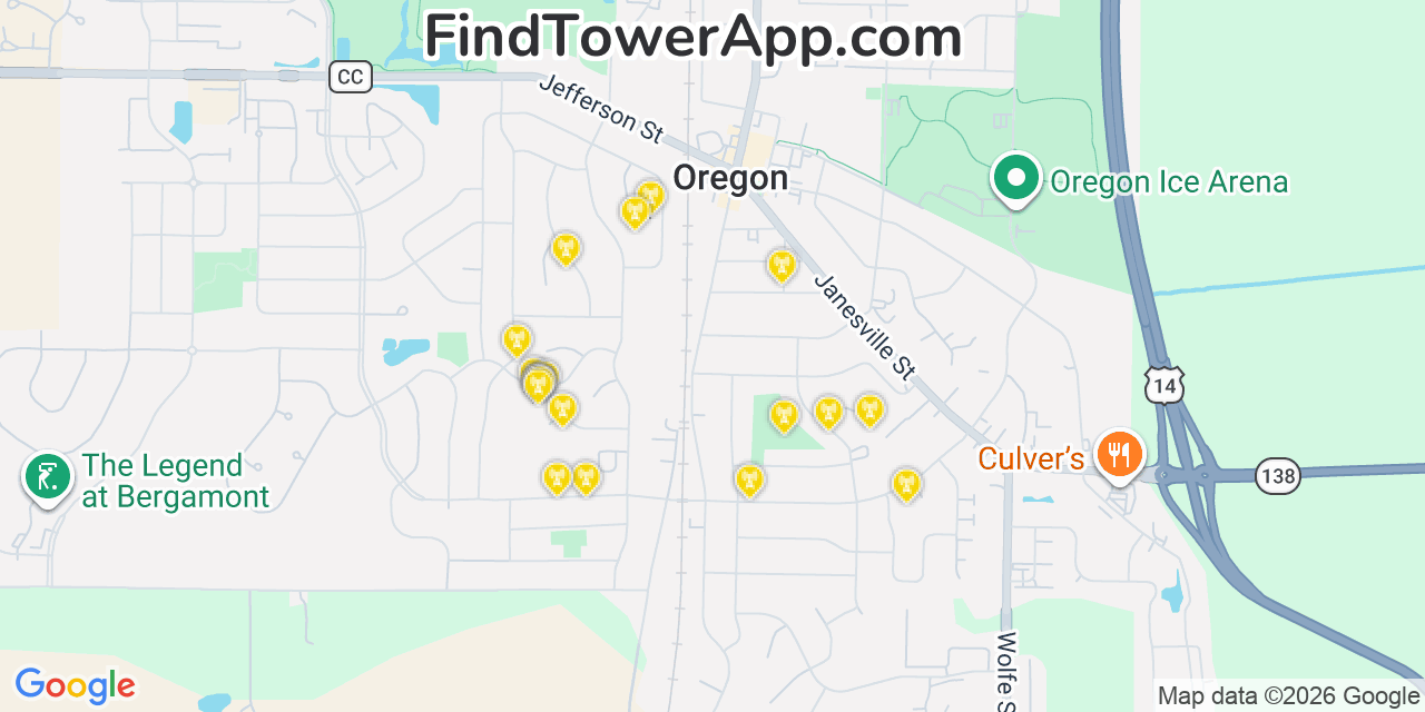 Map showing the 20 primary cell tower locations detected in Oregon, Wisconsin from AT&T, Verizon, and T-Mobile networks