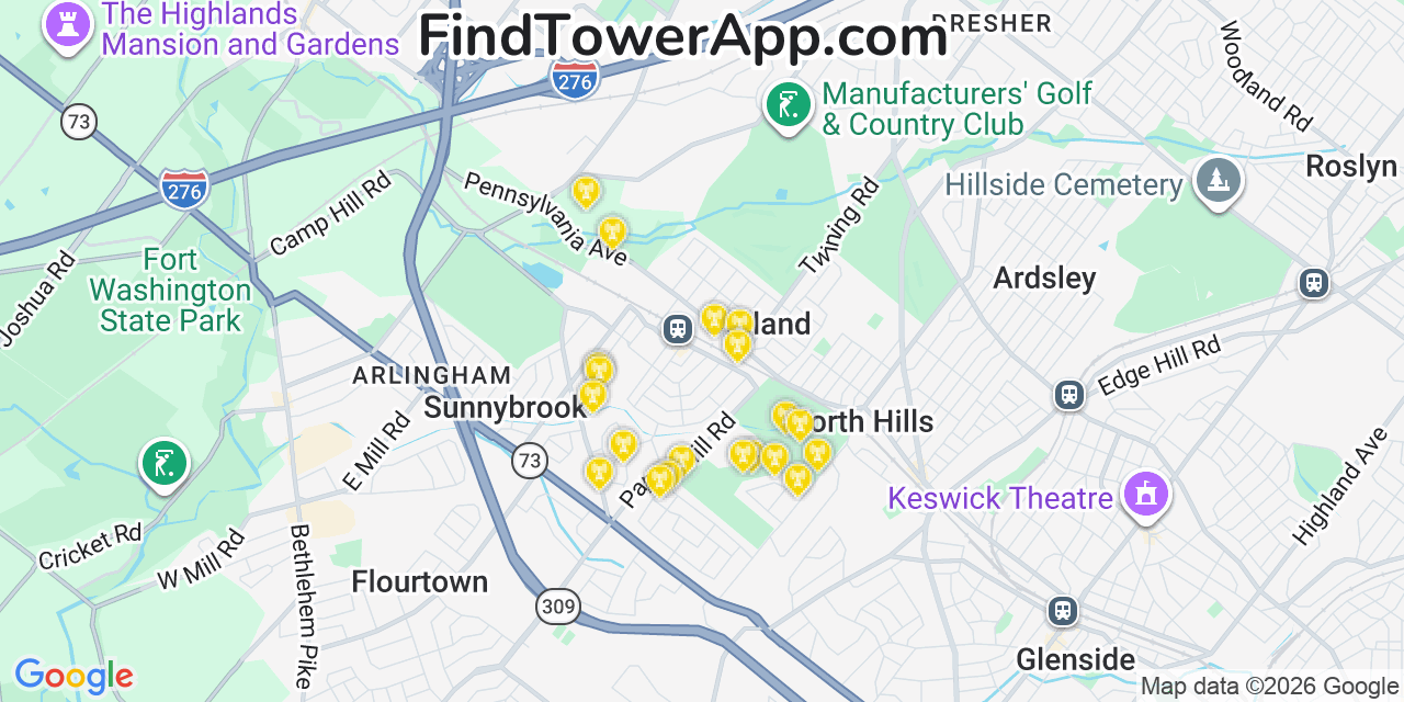 Map showing the 20 primary cell tower locations detected in Oreland, Pennsylvania from AT&T, Verizon, and T-Mobile networks
