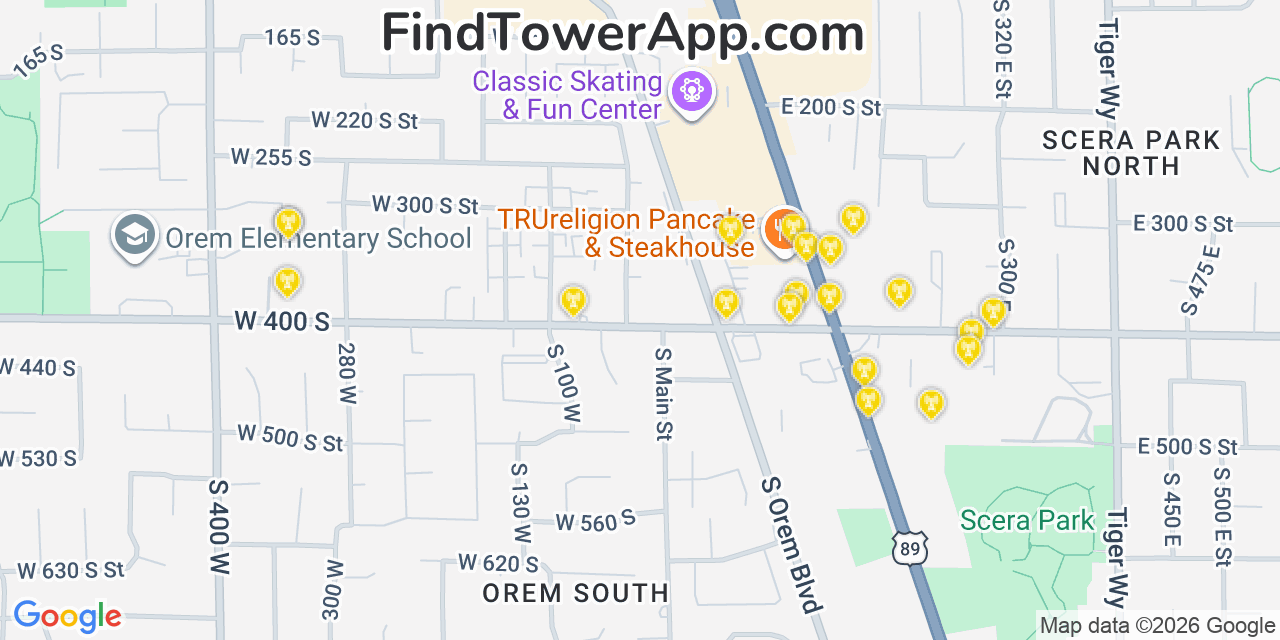 Map showing the 20 primary cell tower locations detected in Orem, Utah from AT&T, Verizon, and T-Mobile networks