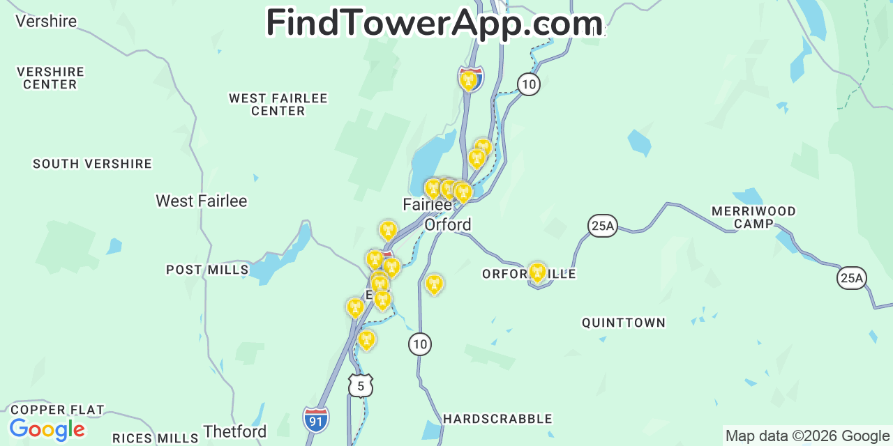 Map showing the 20 primary cell tower locations detected in Orford, New Hampshire from AT&T, Verizon, and T-Mobile networks