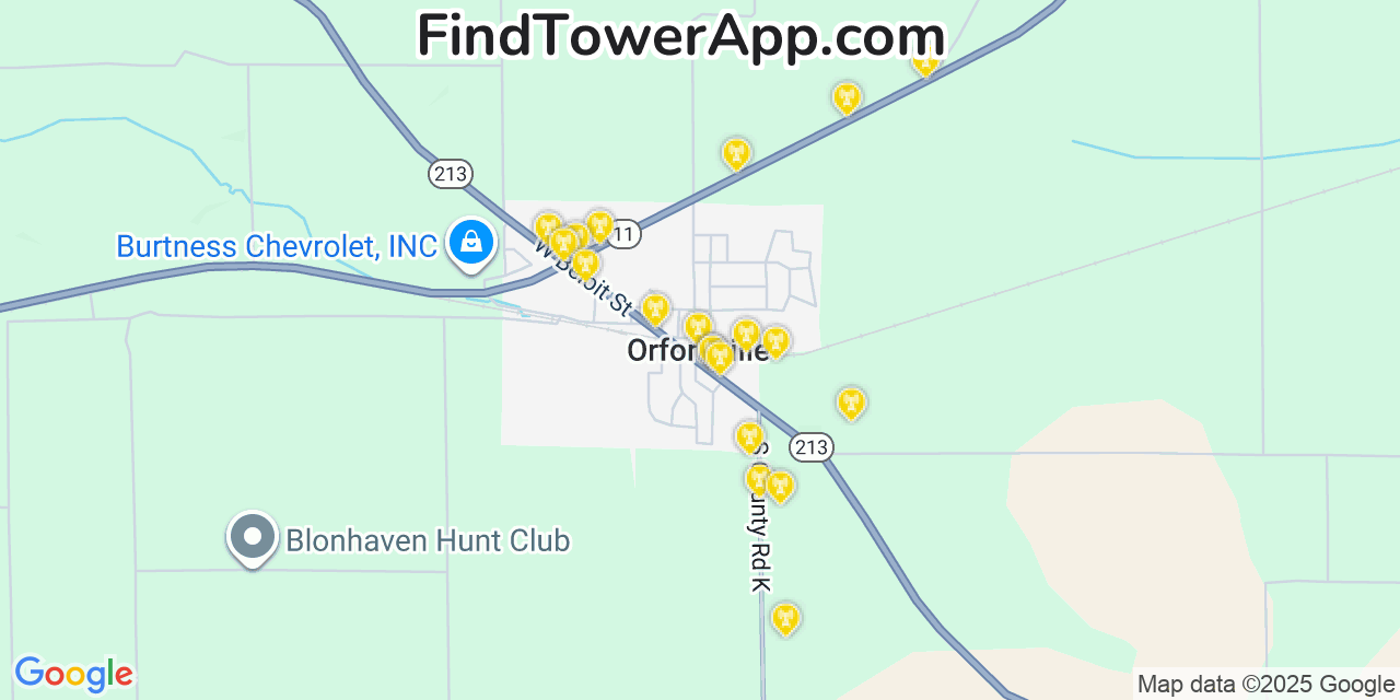 Map showing the 20 primary cell tower locations detected in Orfordville, Wisconsin from AT&T, Verizon, and T-Mobile networks