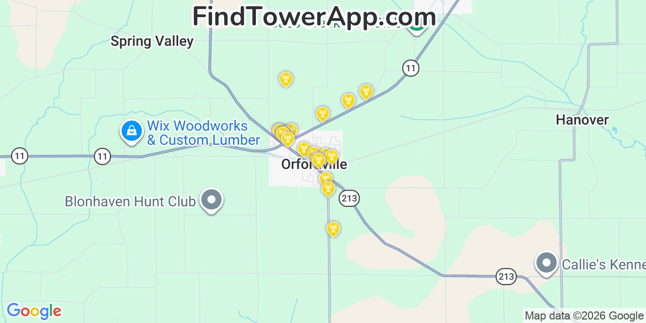 Map showing the 20 primary cell tower locations detected in Orfordville, Wisconsin from AT&T, Verizon, and T-Mobile networks