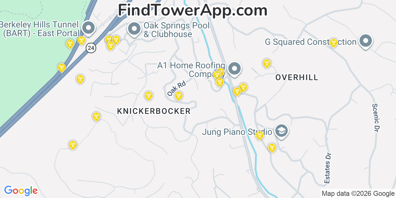 Map showing the 20 primary cell tower locations detected in Orinda, California from AT&T, Verizon, and T-Mobile networks