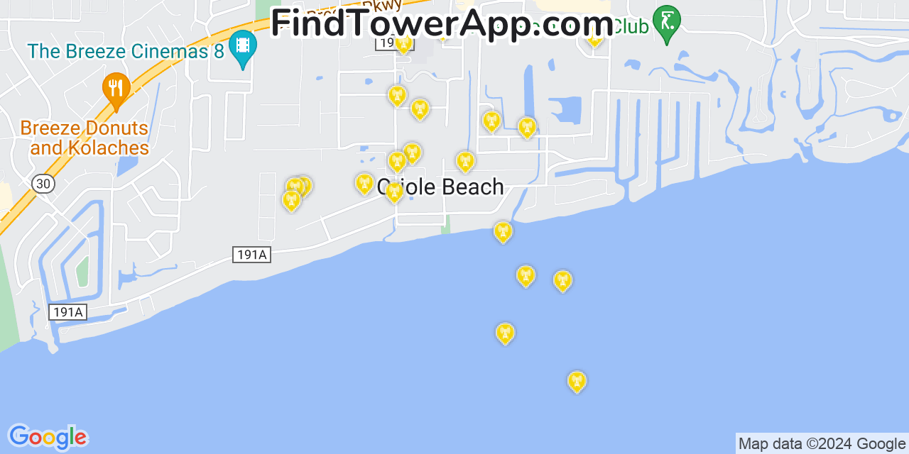 AT&T 4G/5G cell tower coverage map Oriole Beach, Florida