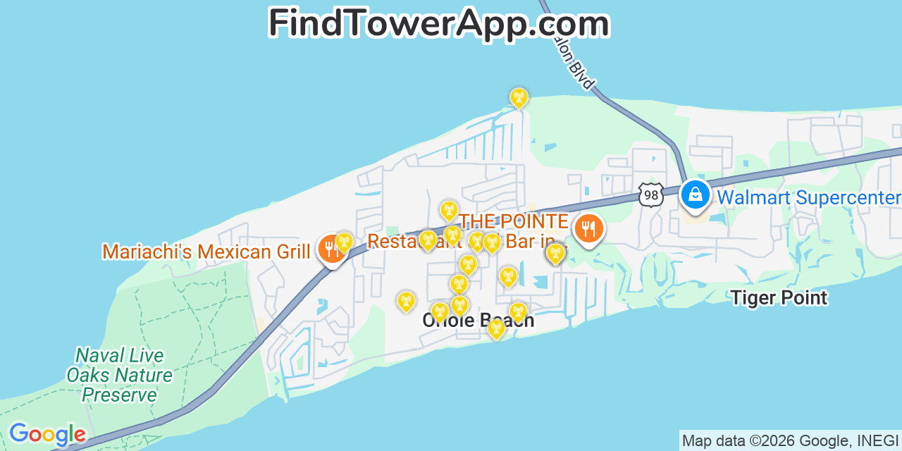 Map showing the 20 primary cell tower locations detected in Oriole Beach, Florida from AT&T, Verizon, and T-Mobile networks