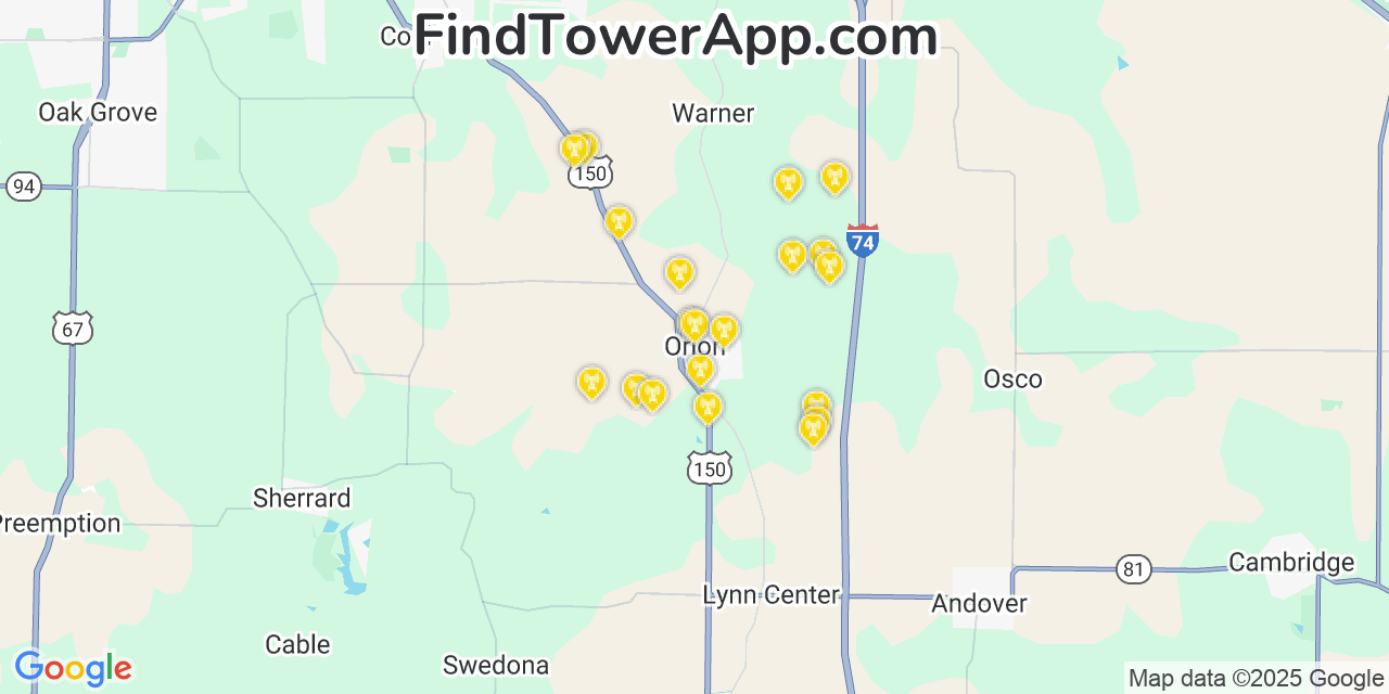 Map showing the 20 primary cell tower locations detected in Orion, Illinois from AT&T, Verizon, and T-Mobile networks