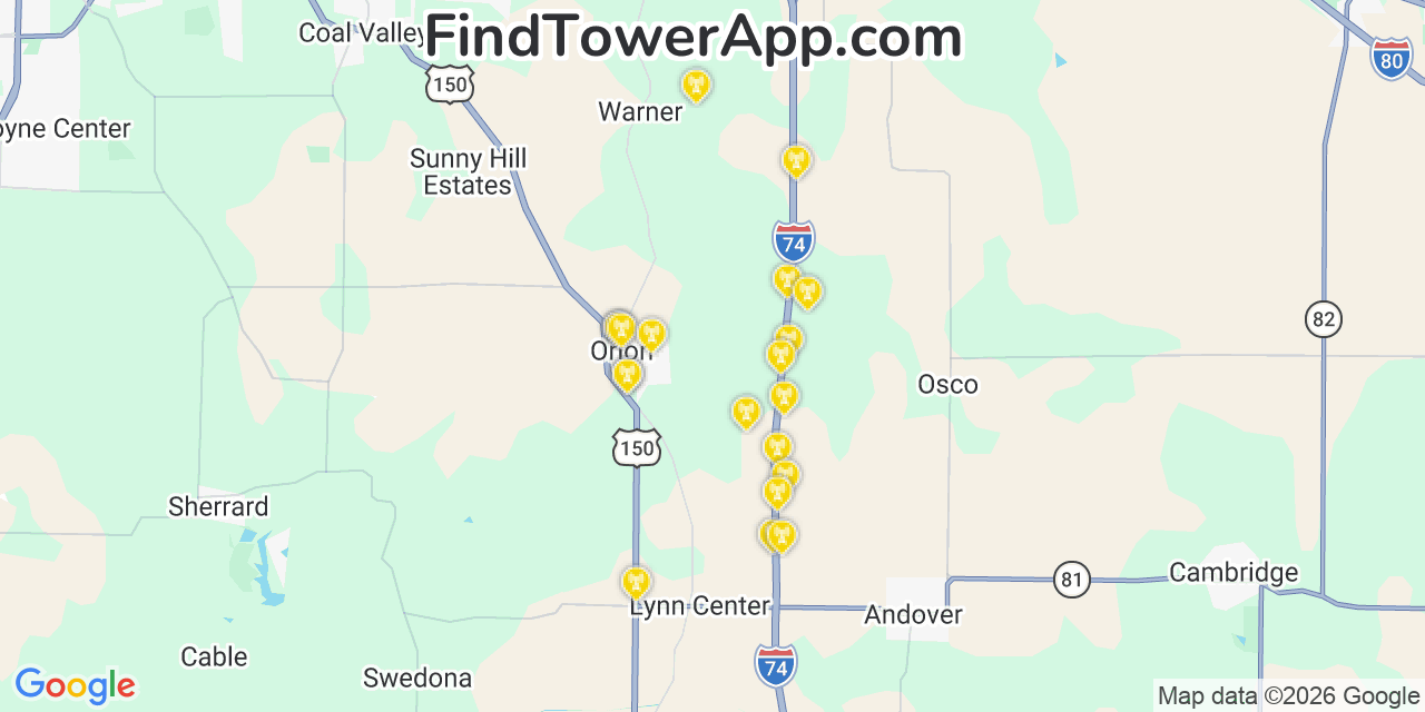 Map showing the 20 primary cell tower locations detected in Orion, Illinois from AT&T, Verizon, and T-Mobile networks