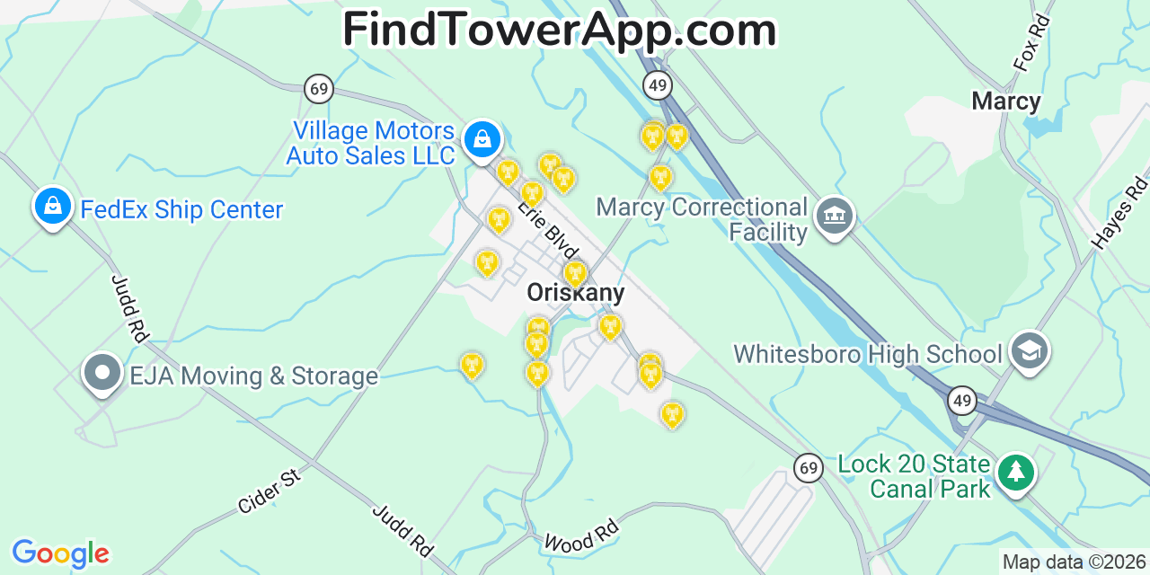 Map showing the 20 primary cell tower locations detected in Oriskany, New York from AT&T, Verizon, and T-Mobile networks