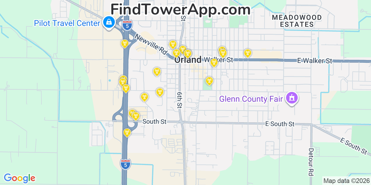Map showing the 20 primary cell tower locations detected in Orland, California from AT&T, Verizon, and T-Mobile networks