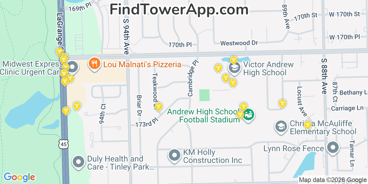 Map showing the 20 primary cell tower locations detected in Orland Hills, Illinois from AT&T, Verizon, and T-Mobile networks