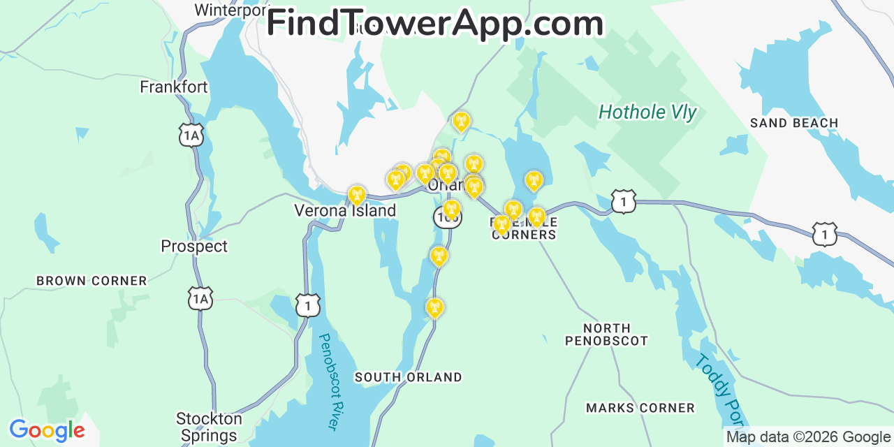Map showing the 20 primary cell tower locations detected in Orland, Maine from AT&T, Verizon, and T-Mobile networks