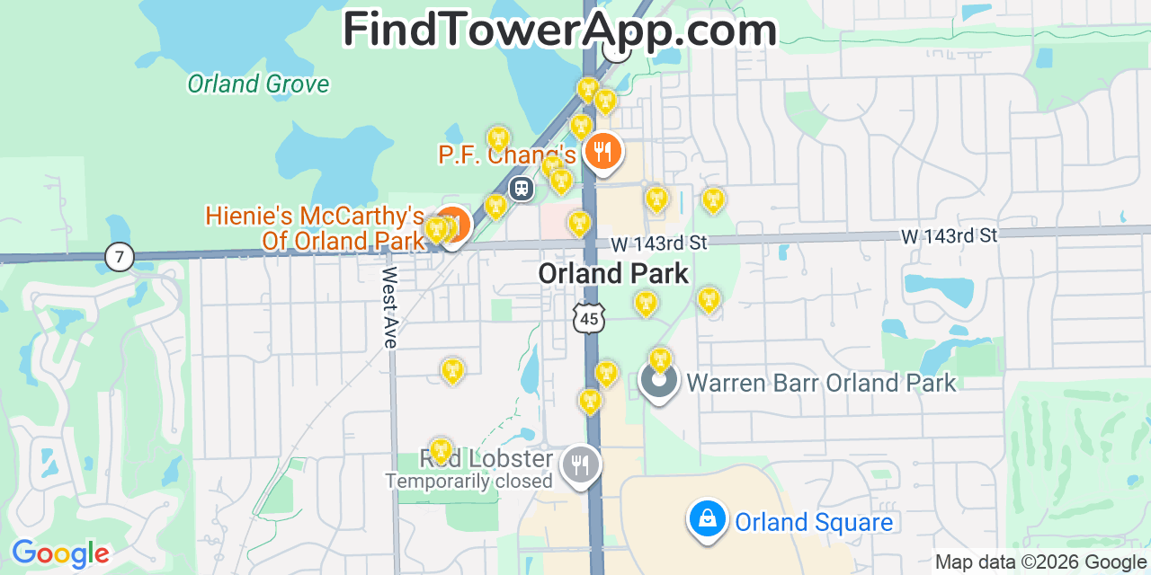 Map showing the 20 primary cell tower locations detected in Orland Park, Illinois from AT&T, Verizon, and T-Mobile networks